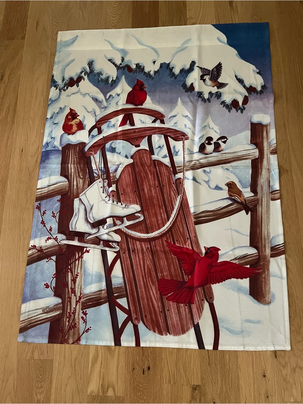 Large garden/yard flag winter scene wooden sled, Cardinals fence, skates, birds